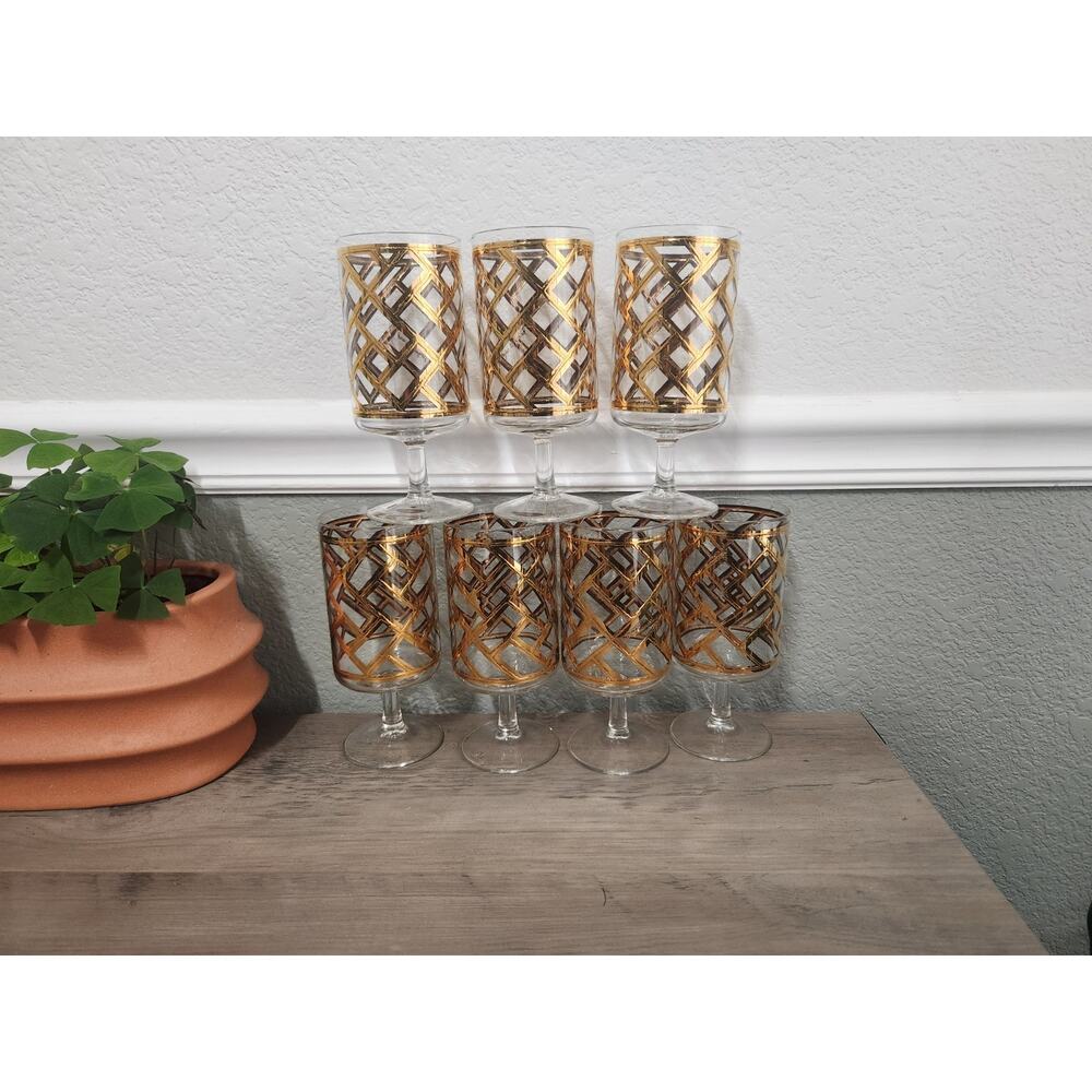 7 George Briard Spanish Gold Diamond Highball Stemmed Barware Glass Signed MCM